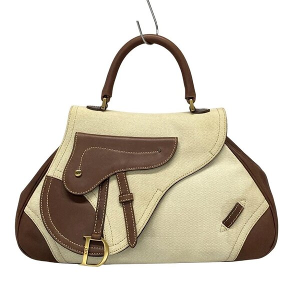 DIOR/ChristianDior Saddle Bag Cream Dark Brown Canvas Leather Handbag - Picture 1 of 16